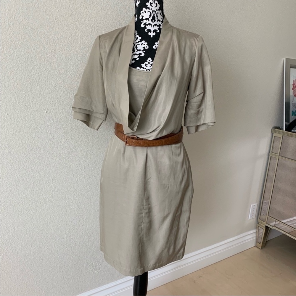 Ali ro khaki color silky shift business dress 4